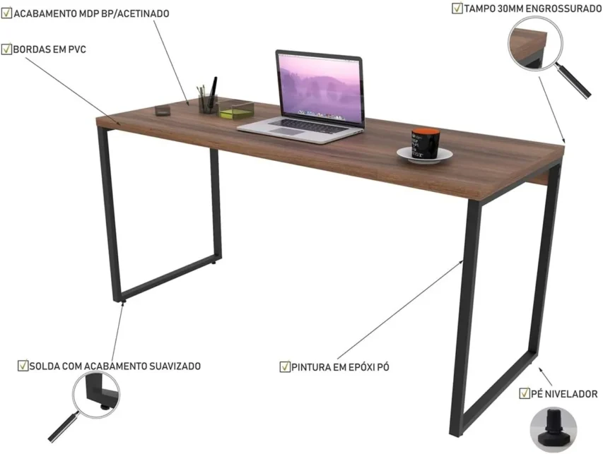 Mesa Para Escritório Office Estilo Industrial 1,50m Kuadra, Compace Detalhes