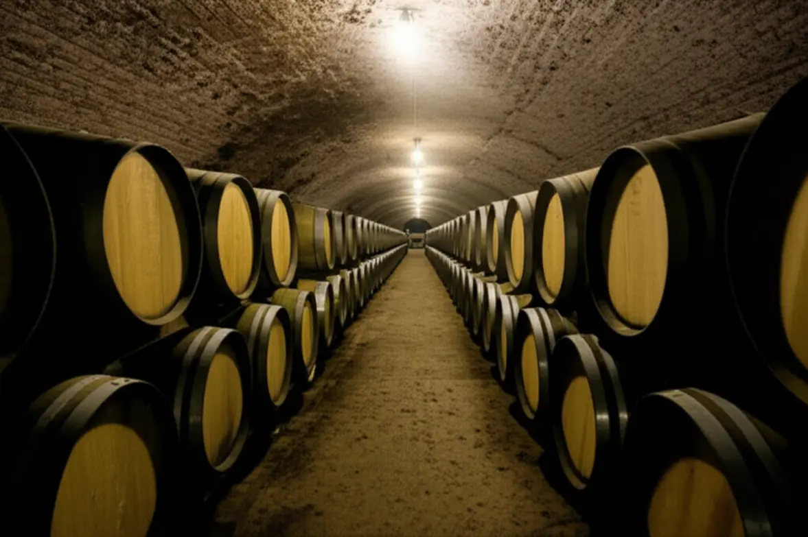 Adegas com barricas de carvalho para envelhecimento de vinhos.