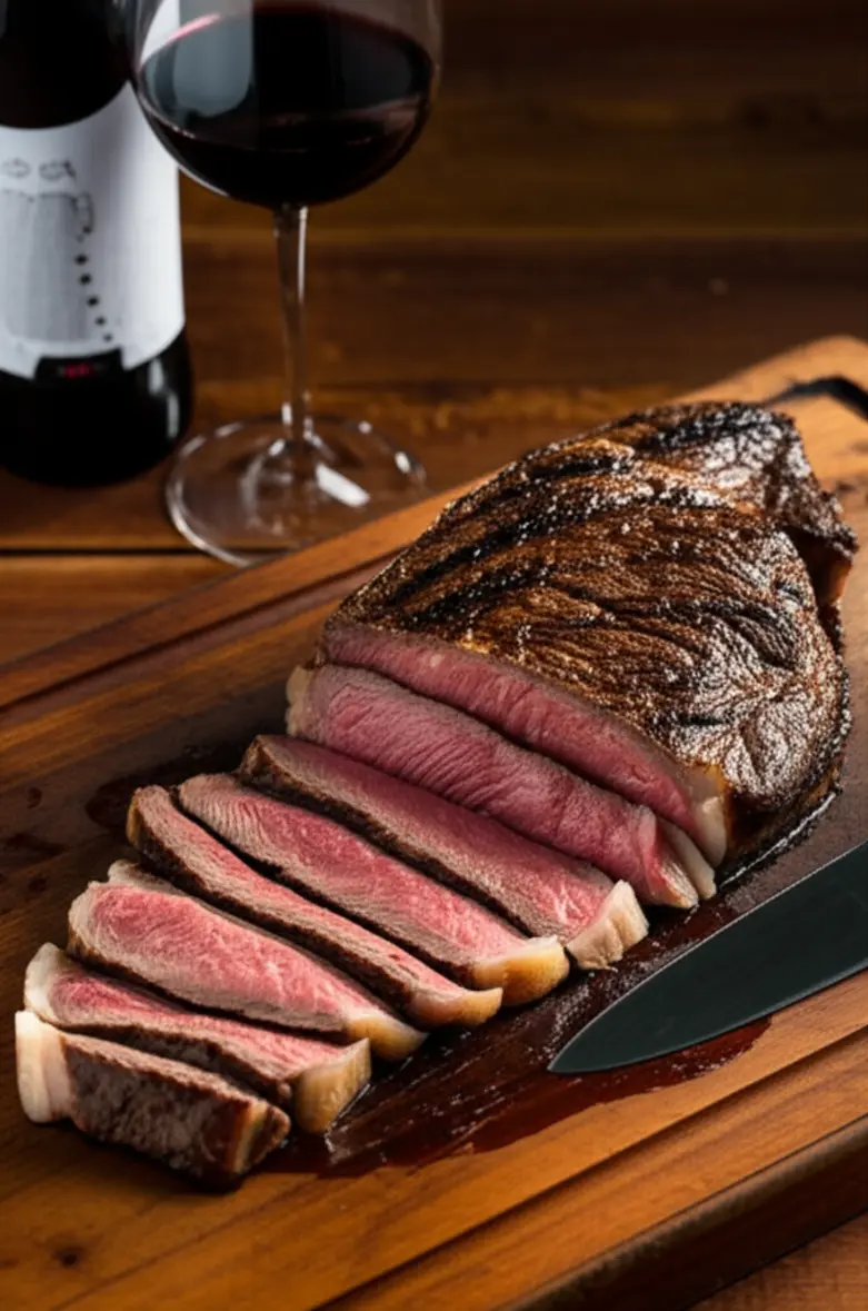 Garrafa de Malbec ao lado de um corte de carne grelhada