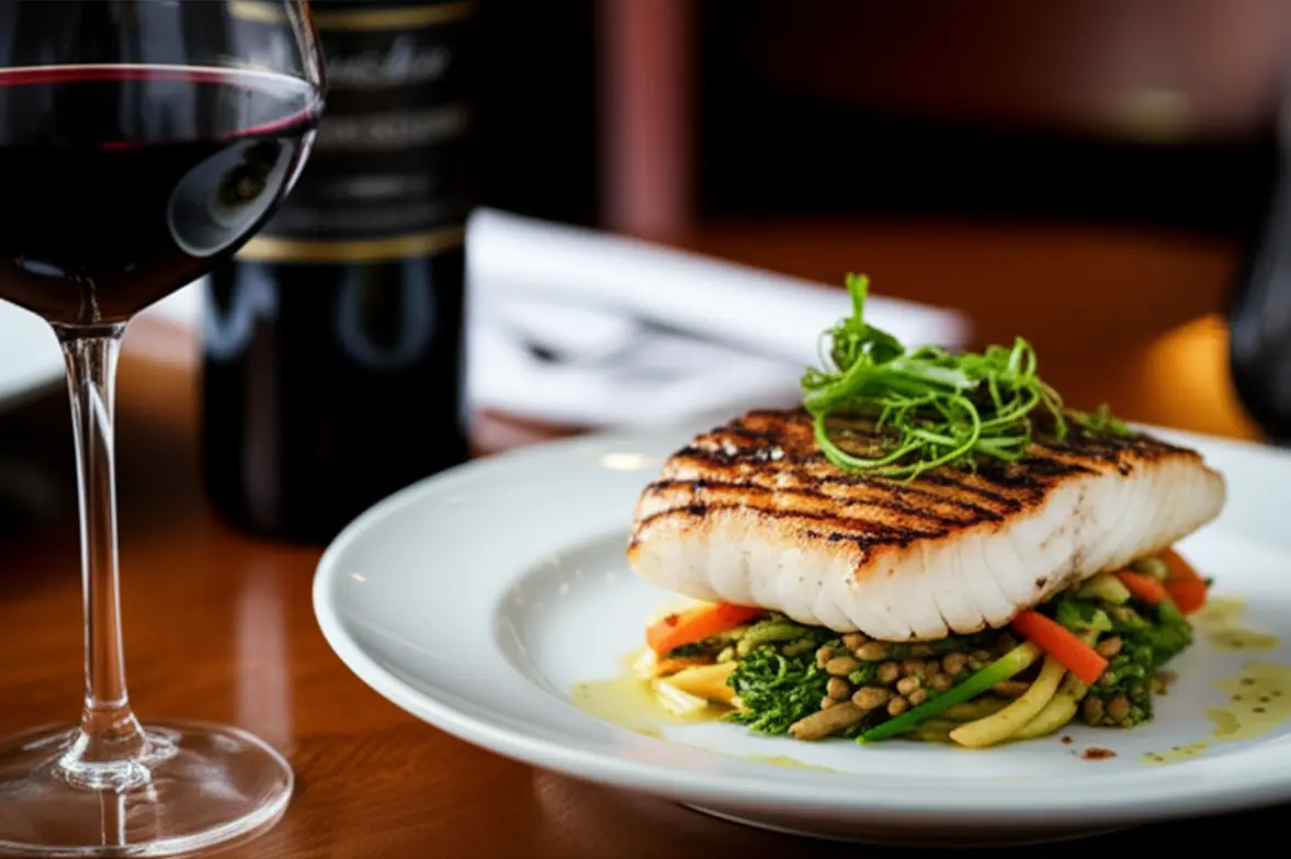 Vinho tinto leve harmonizando com prato de peixe