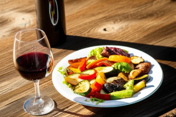 Mesa vinho vegetariano por do sol