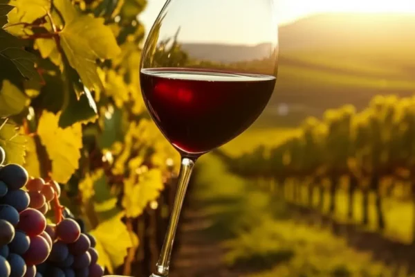Vinho servido vinhedo por do sol