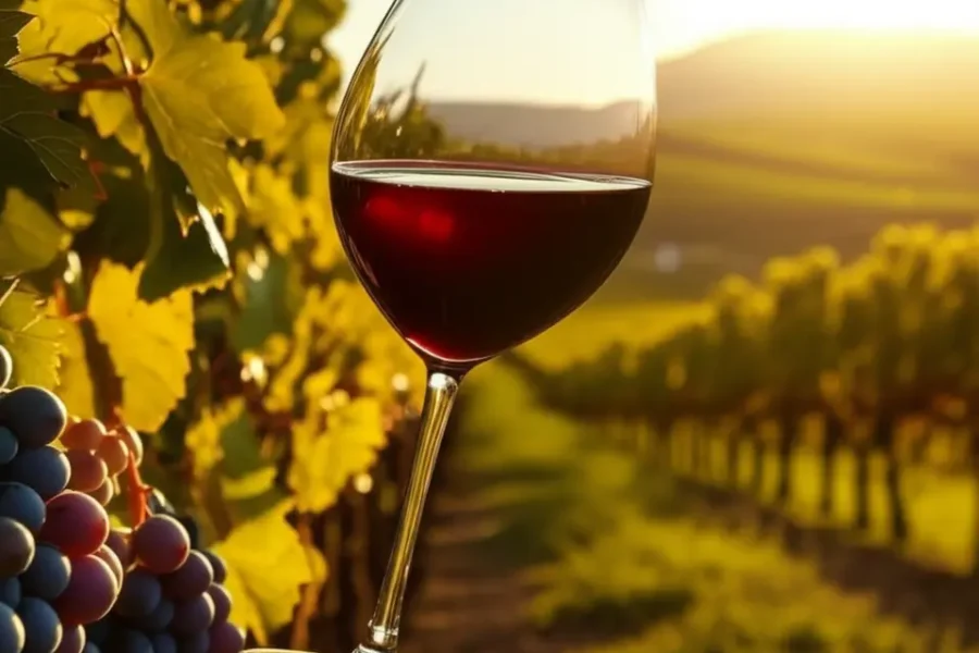 Vinho servido vinhedo por do sol