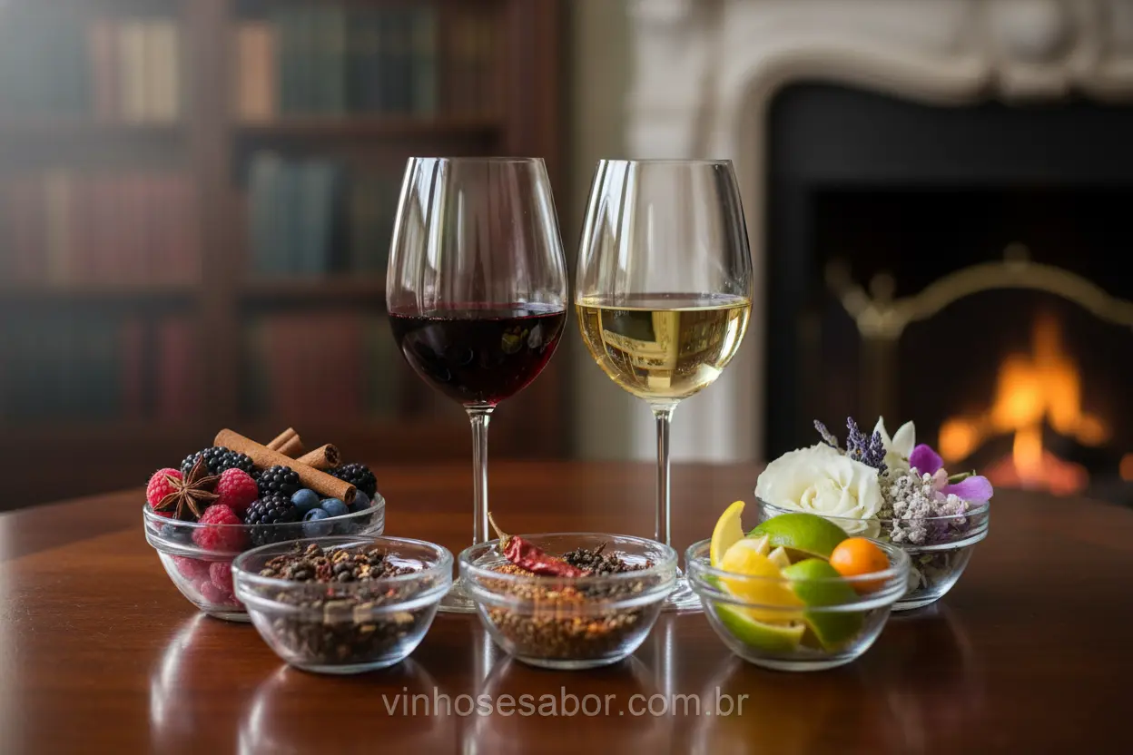 Aromas de Vinho Mesa com taças de vinho e ingredientes que representam aromas.