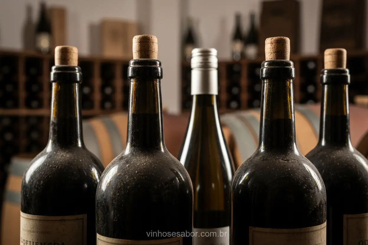 Envelhecimento e Tampa de Rosca Vinho com tampa de rosca e garrafas antigas em adega