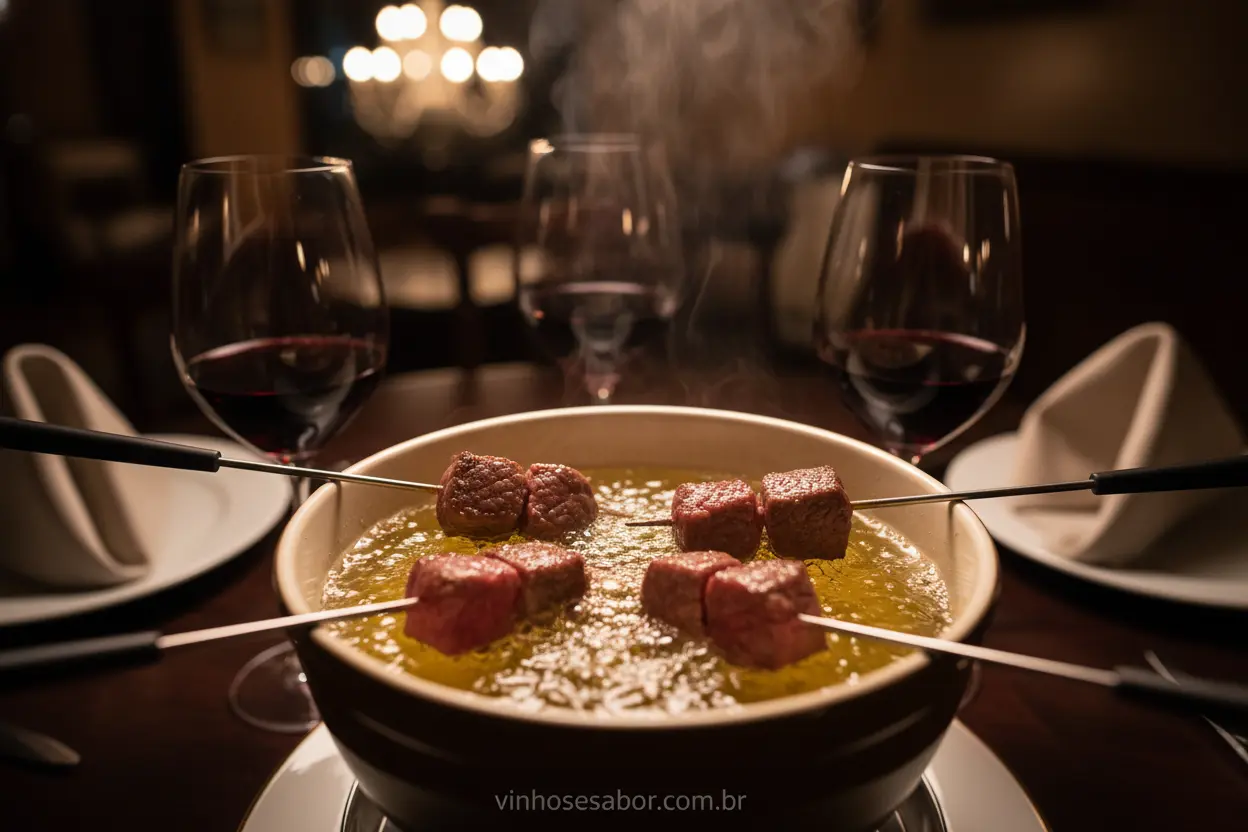 Fondue de Carne e Vinhos Tintos Fondue de carne com taças de vinho tinto, destacando a harmonização.