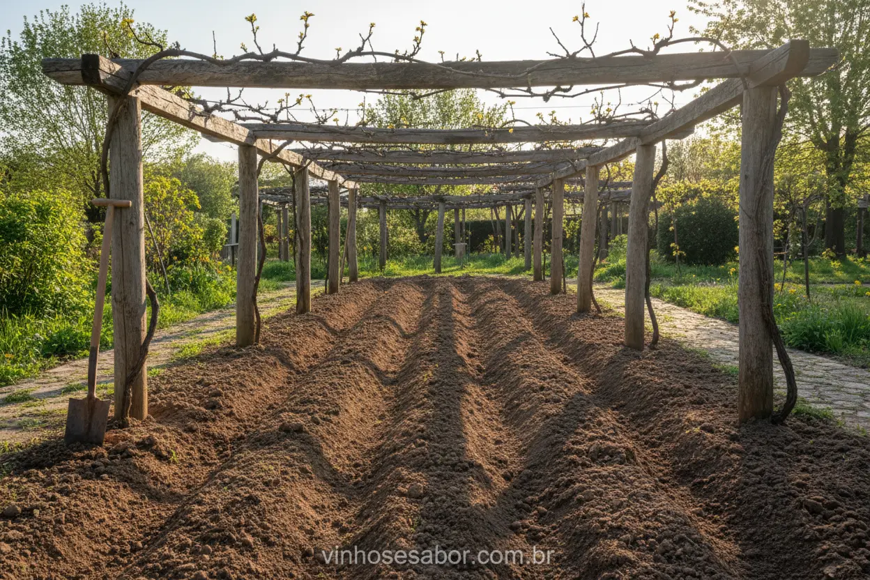 Preparação do Solo para Videiras Solo preparado e estrutura de suporte para cultivar uvas para vinho.