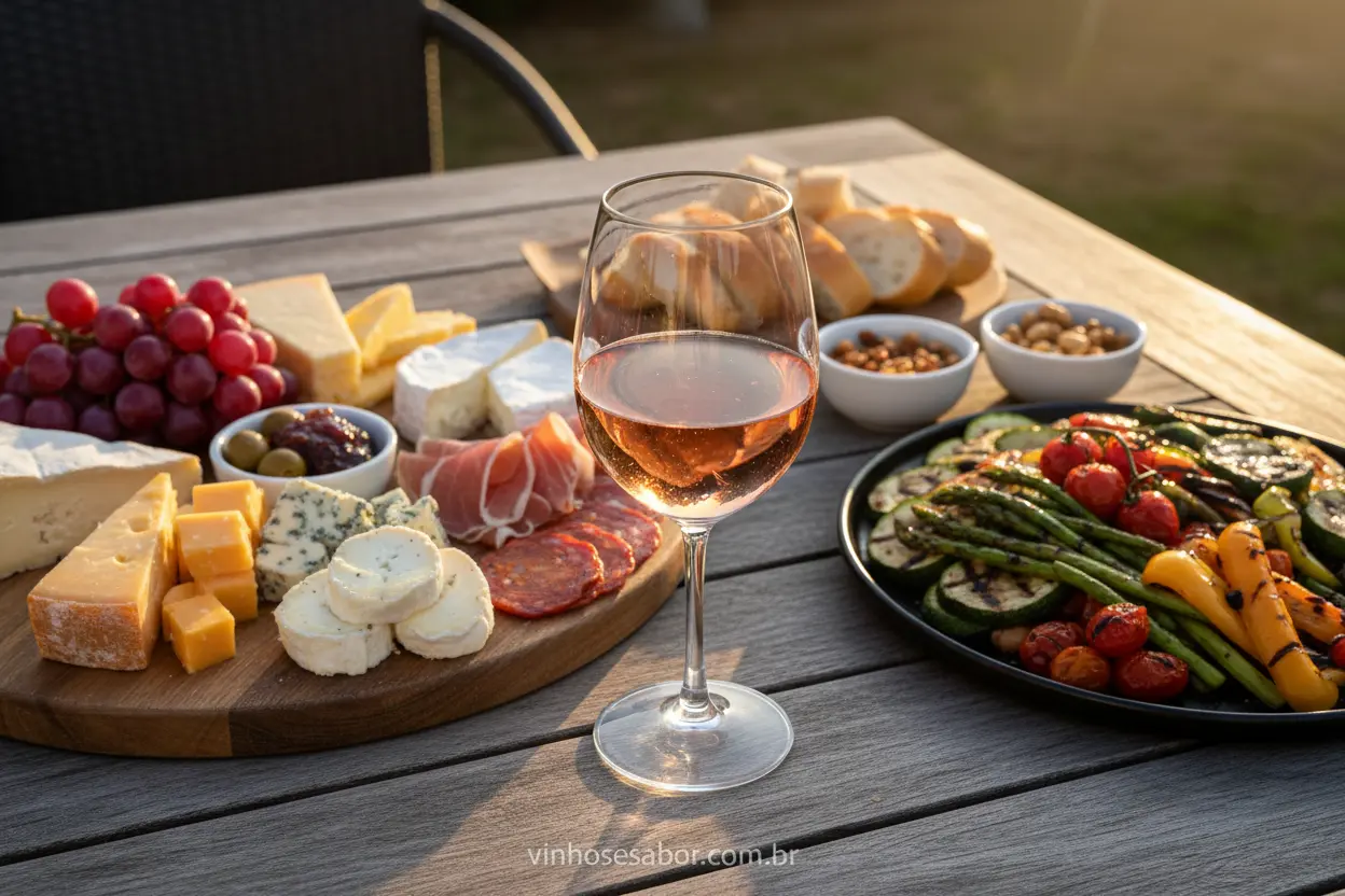 Rosé e Aperitivos Variados Vinho rosé com tábua de queijos
