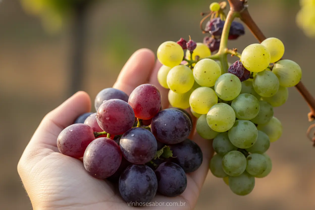 Uvas para Vinificação Cachos de uvas tintas e brancas recém-colhidas.