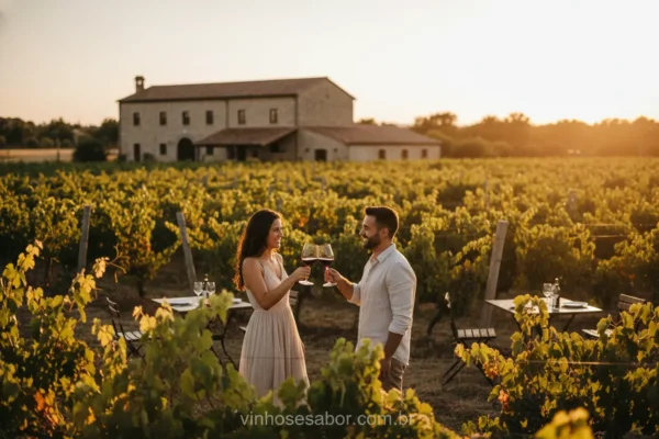 Casal brinda em vinícola ao pôr do sol