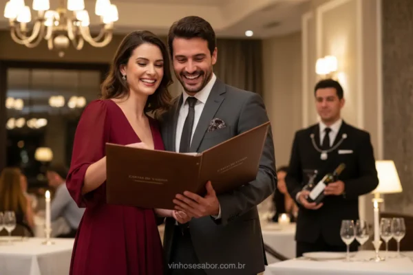 Casal escolhendo vinho no restaurante