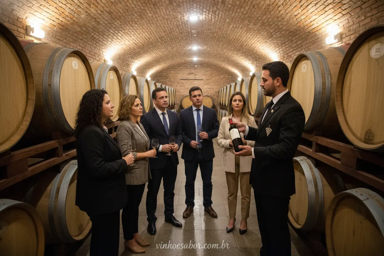 Degustação em Vinícola de Bento Gonçalves Sommelier explicando vinho em adega de Bento Gonçalves
