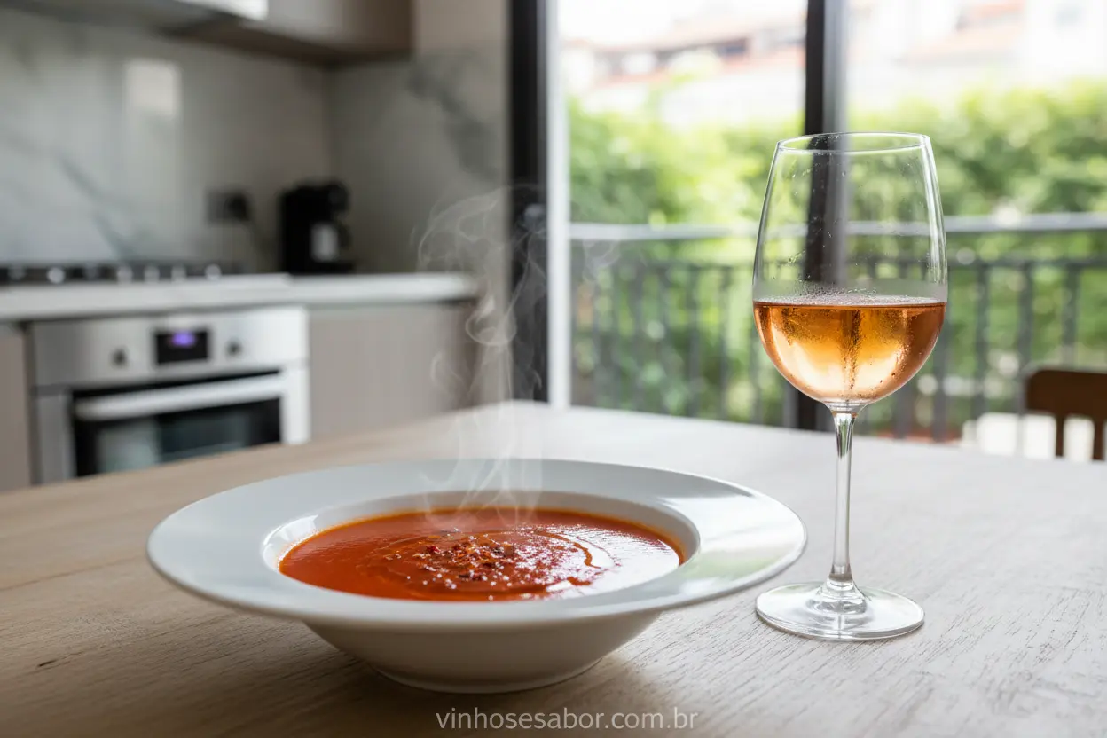 Harmonização Vinhos Sopas Harmonização com sopas e cremes: vinho Rosé e sopa de tomate.