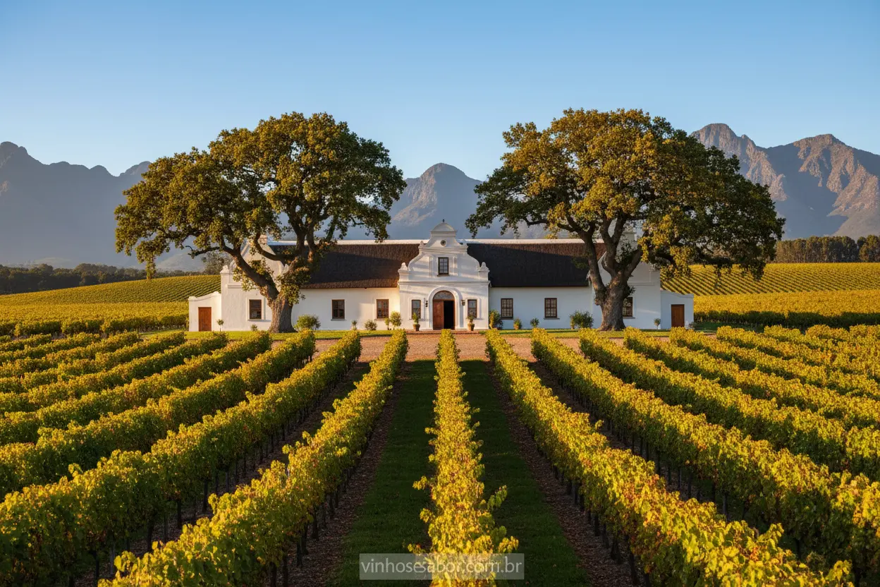 Stellenbosch - Arquitetura e Vinhedos Vinícola em Stellenbosch, África do Sul, com arquitetura colonial e vinhedos.