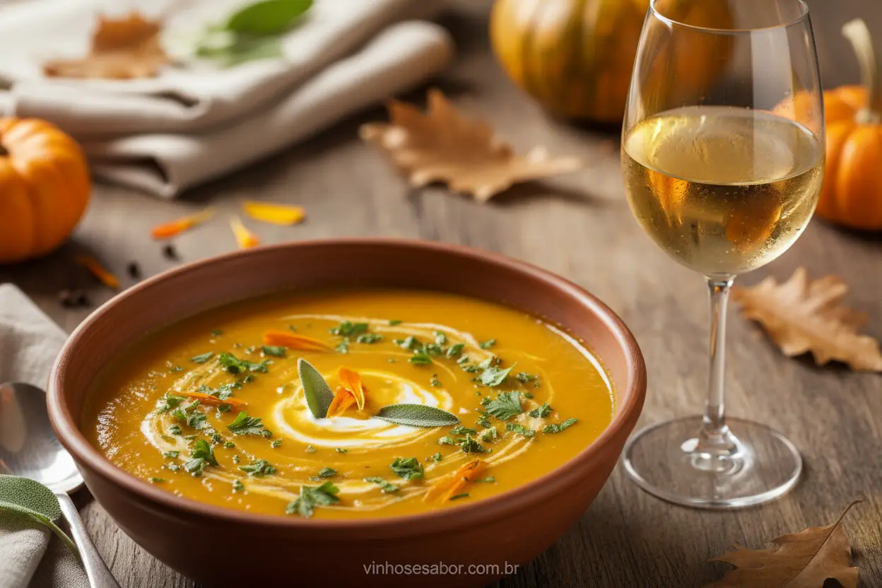 Vinho e Sopa Cremosa Sopa cremosa de abóbora e um copo de vinho Chardonnay.
