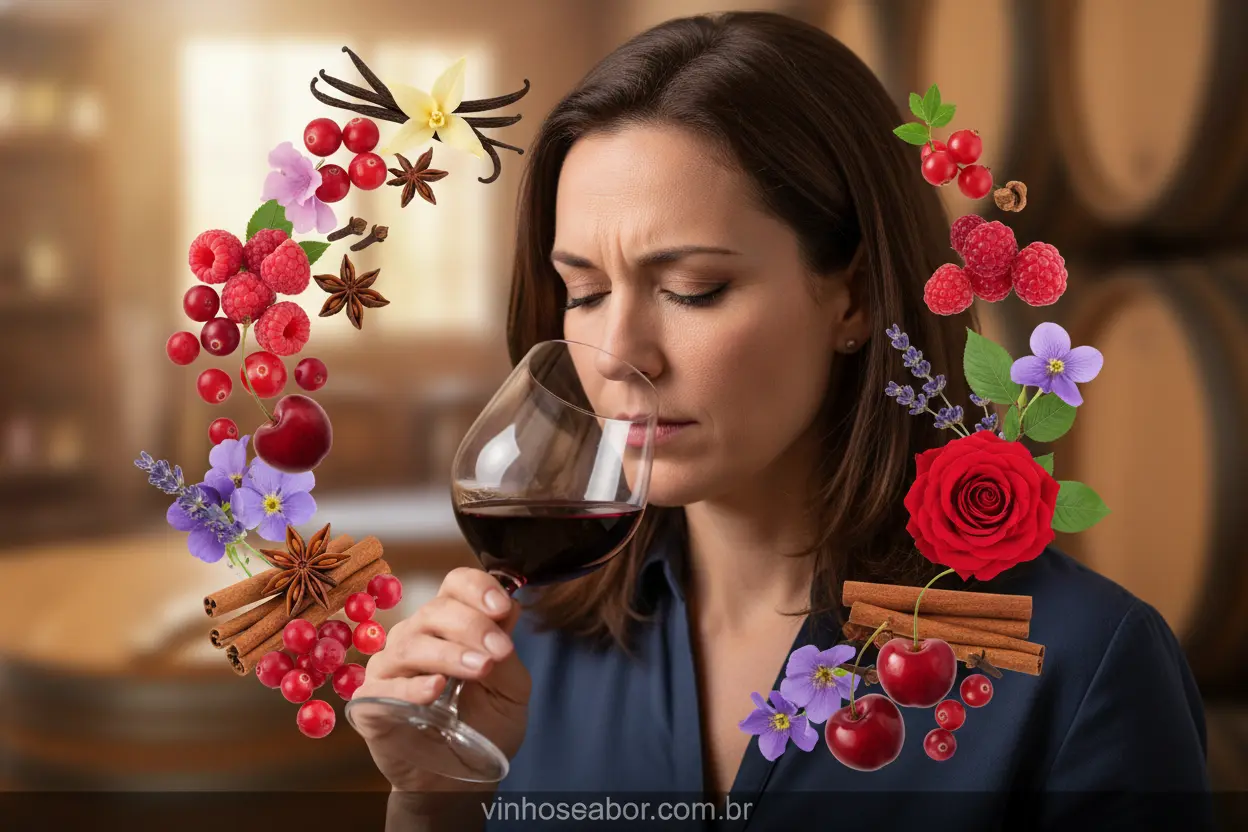Aromas e Sabores do Vinho Pessoa cheirando vinho, identificando aromas frutados e especiarias