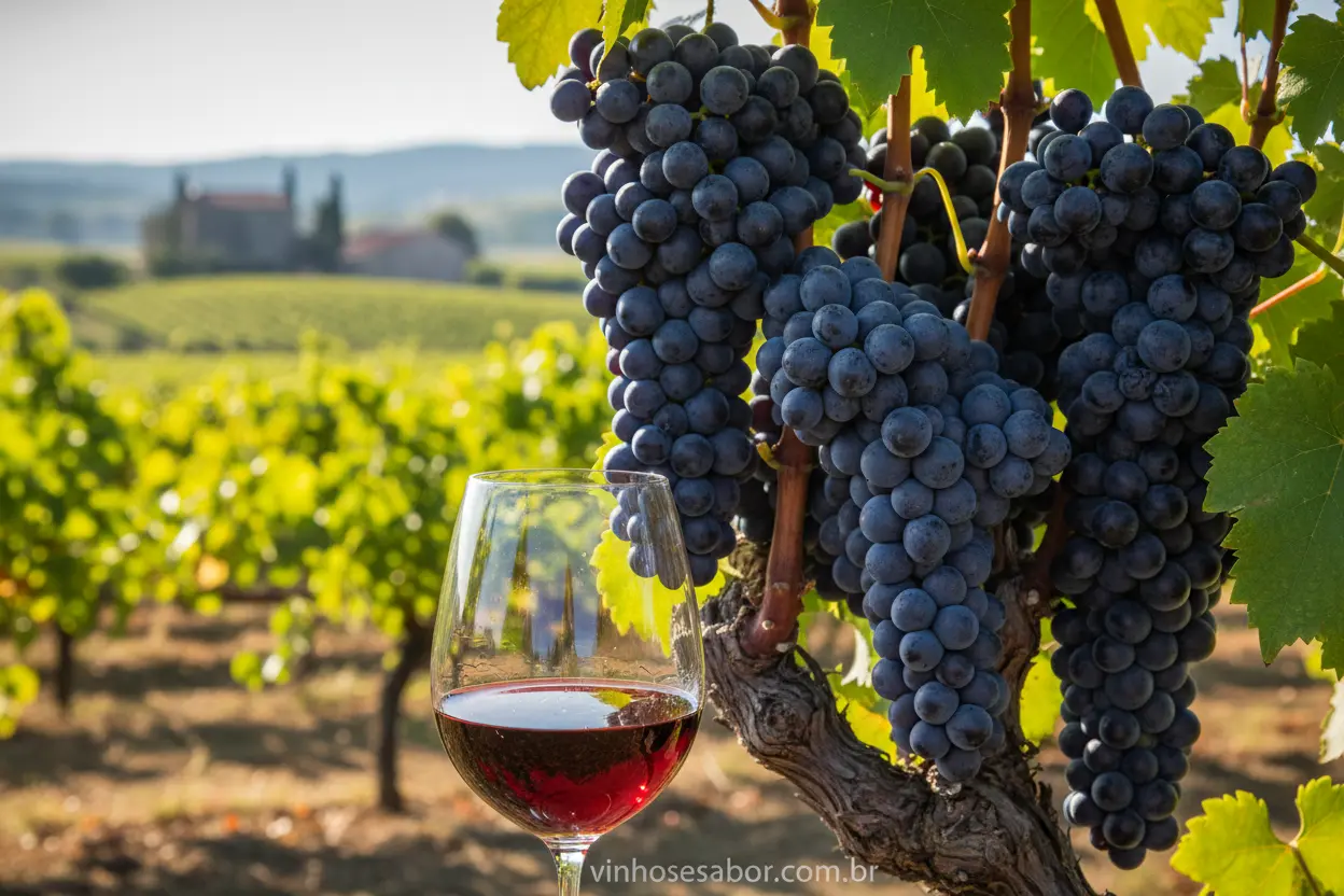 Cabernet Sauvignon em Destaque Uvas Cabernet Sauvignon e vinho tinto em uma taça, em um vinhedo.