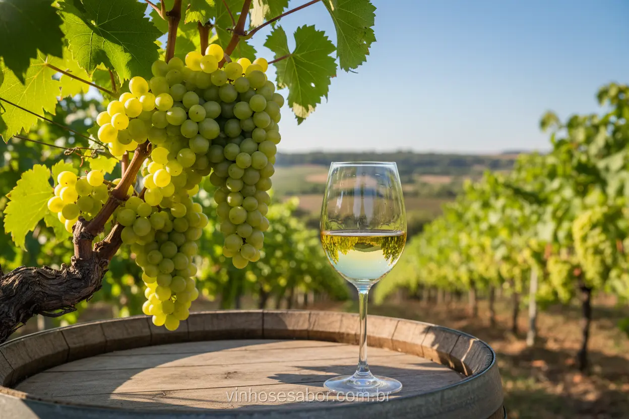 Chardonnay: A Rainha Branca Uvas Chardonnay verdes e um copo de vinho branco em um vinhedo ensolarado.