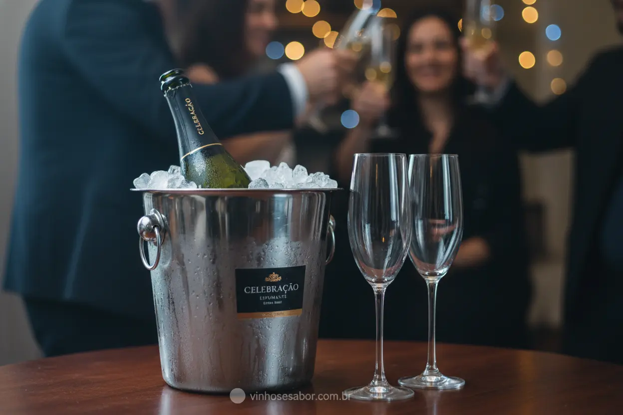 Espumantes Gelados com Elegância Garrafa de espumante em balde de gelo, temperatura de serviço para vinhos brancos e espumantes.