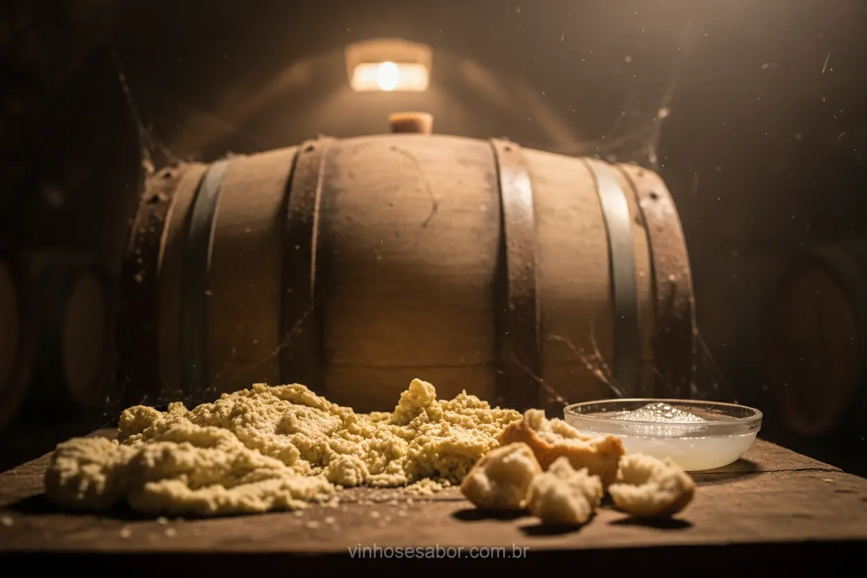 Fermentação e Aromas Barril de vinho em adega, simbolizando aromas de fermentação.