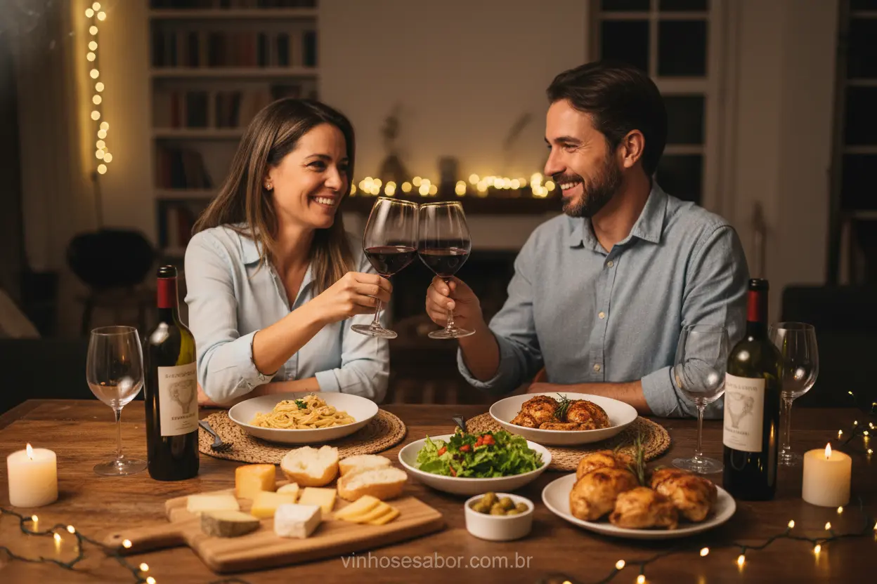 Harmonização Fácil de Vinhos Casal feliz brindando com vinho em jantar descontraído.