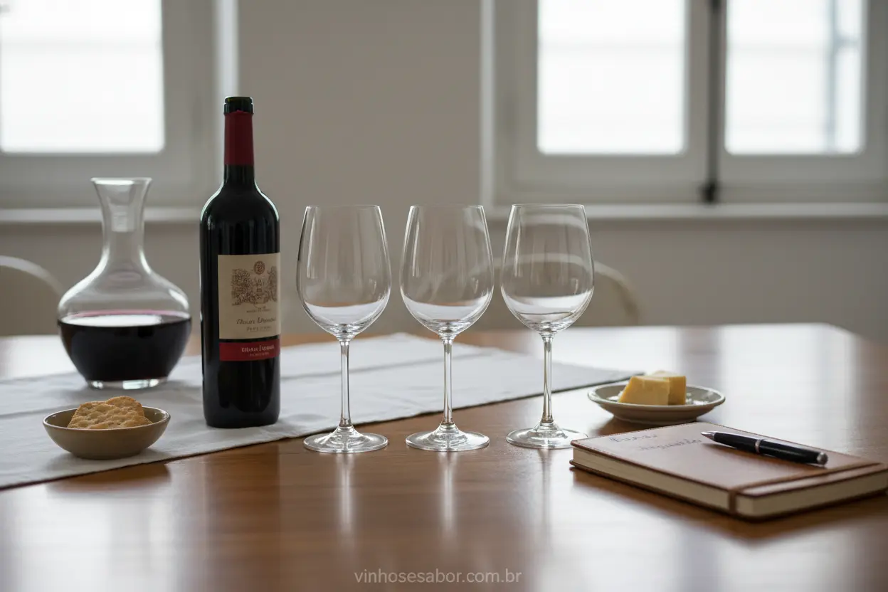 Preparação para Degustar Vinho Mesa preparada com taças e garrafa para degustação de vinhos