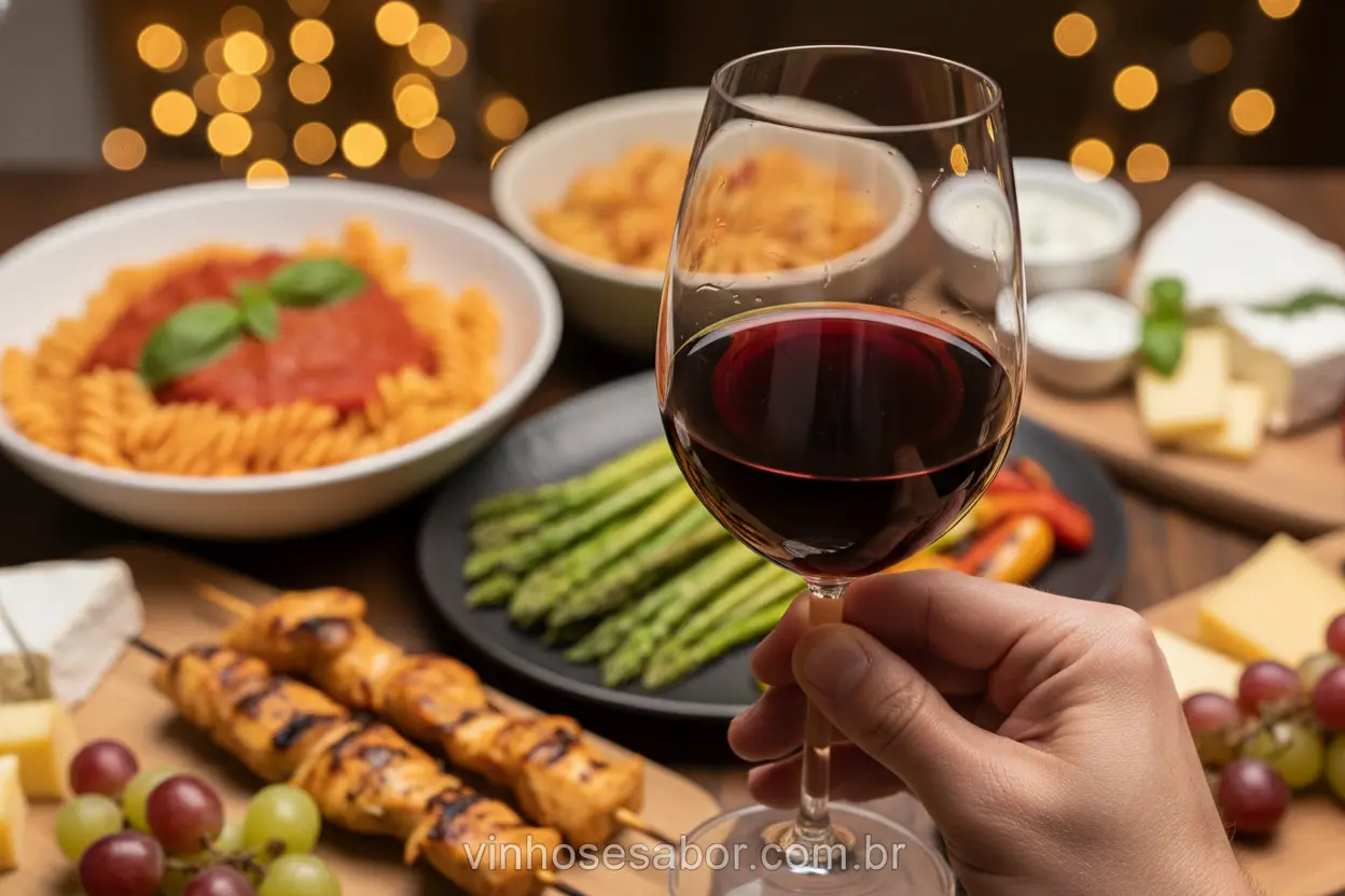 Vinho Tinto Versátil Mão segurando taça de vinho tinto com fundo de pratos diversos.