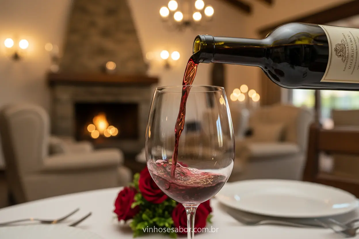 Vinhos Tintos: Temperatura Certa Garrafa de vinho tinto sendo servida em um copo, temperatura de serviço.