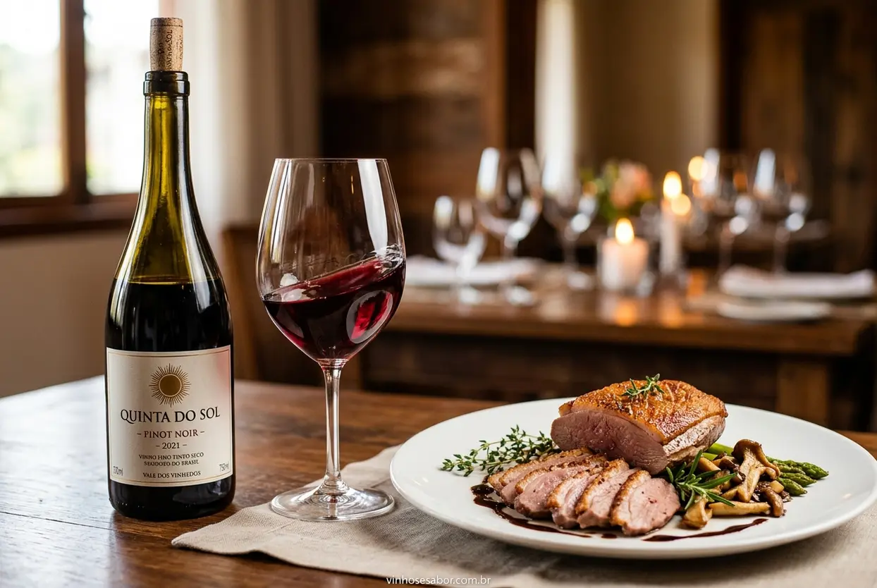 Pinot Noir com Pato Assado Vinho Pinot Noir e pato assado, uma harmonização clássica.