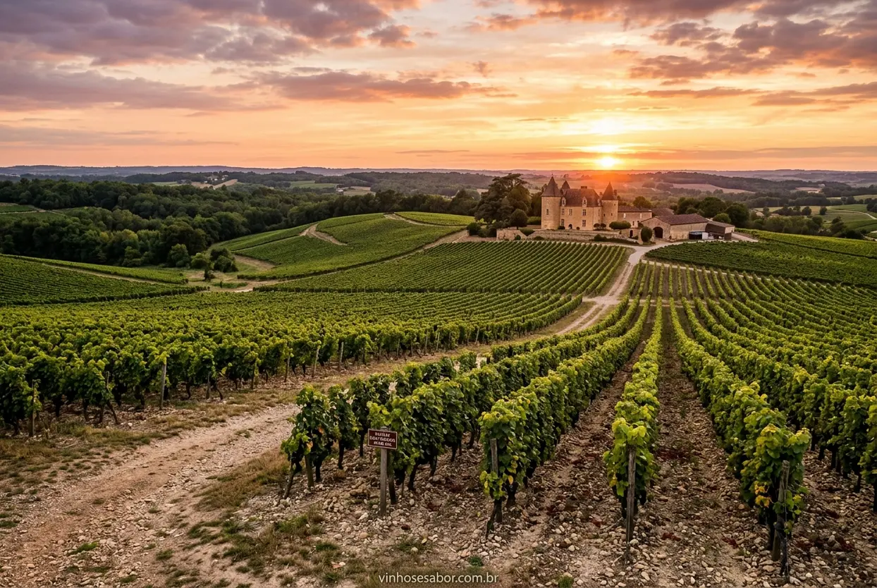 Vinhedos de Bordeaux ao Pôr do Sol Paisagem dos vinhedos de Bordeaux
