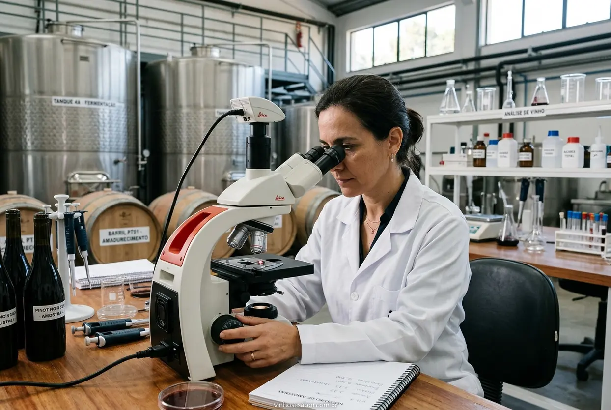Enólogo e Fermentação Malolática Enólogo examinando vinho para fermentação
