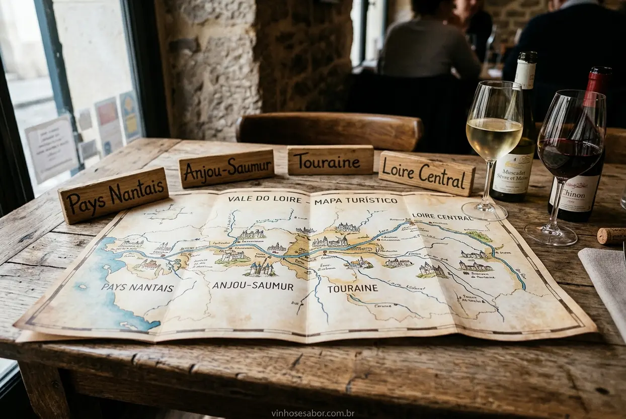 Sub-regiões do Loire e estilos Mapa do Vale do Loire com sub-regiões e taças de vinho